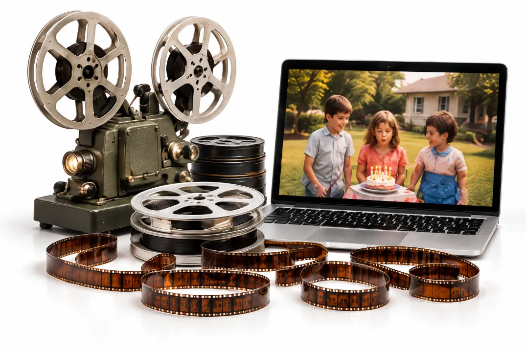 Film projector, reels, and laptop showing preserved family memories