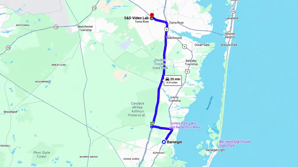 Map showing the route from Barnegat to S&D Video Lab