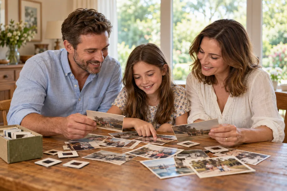 Family enjoying preserved photos together