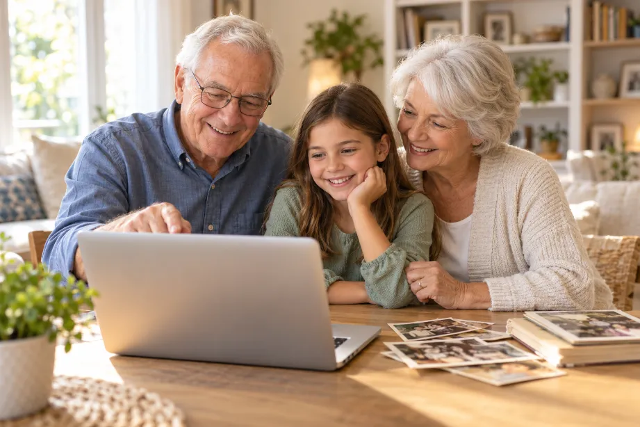 Multiple generations enjoying family photos on a laptop