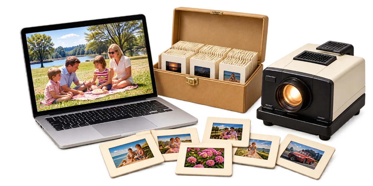 Mounted 35mm slides, slide scanner, and laptop displaying preserved family photos