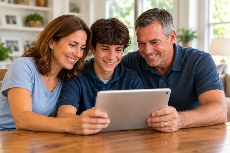 Family rediscovering home videos together