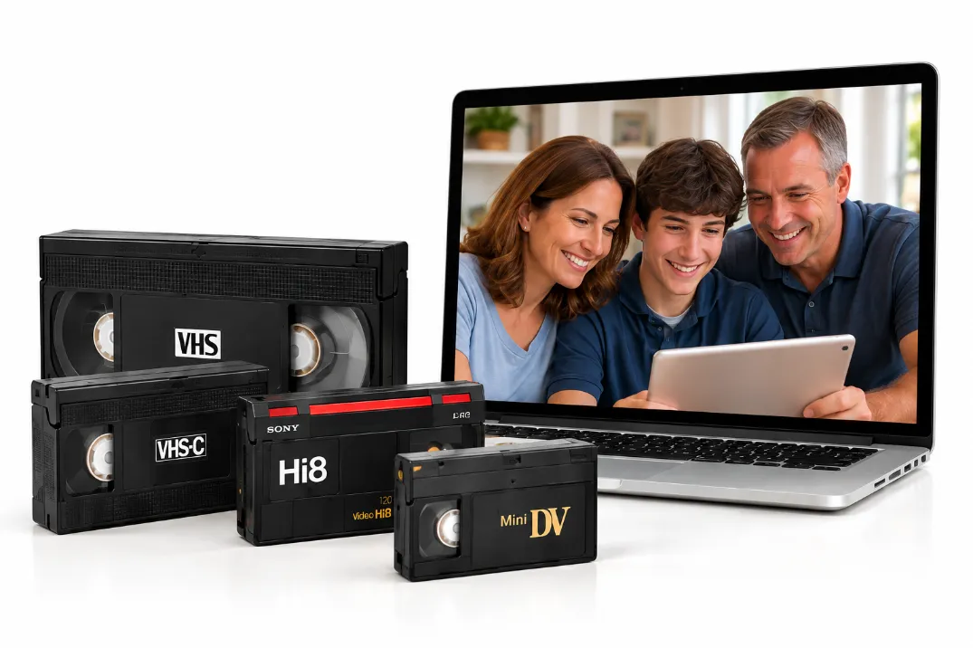 VHS, VHS-C, Hi8 and MiniDV tapes beside a laptop with preserved family video
