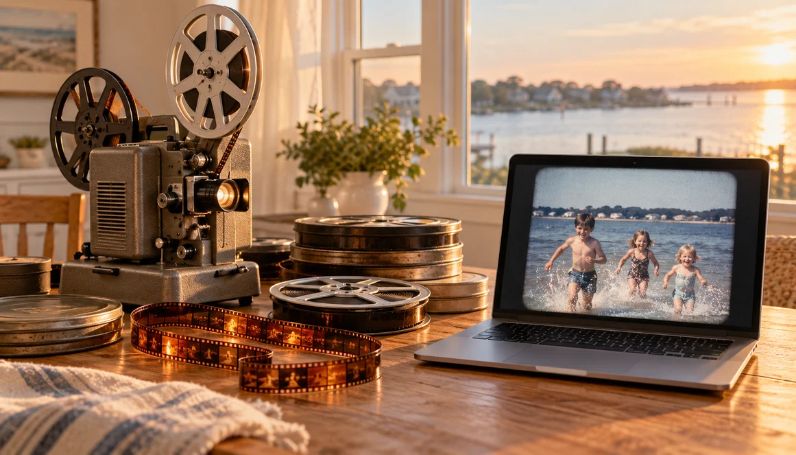 Film reels, projector, and laptop displaying a Beachwood family film conversion