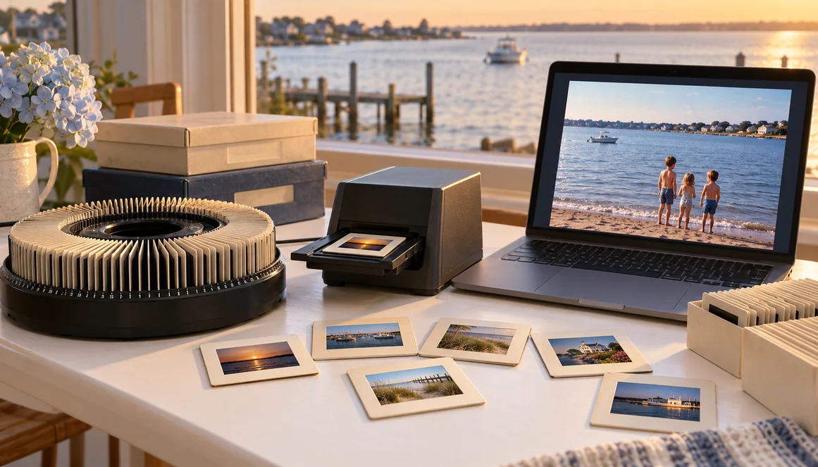 Beachwood slide carousel, loose mounted slides, laptop, and slide projector