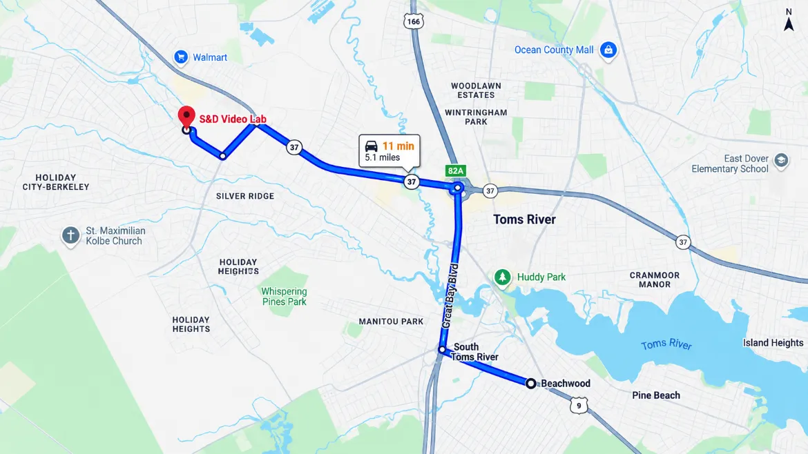Map showing the route from Beachwood to S&D Video Lab