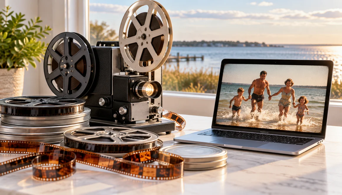 Film reels, projector, and laptop displaying a Brick Township family film conversion