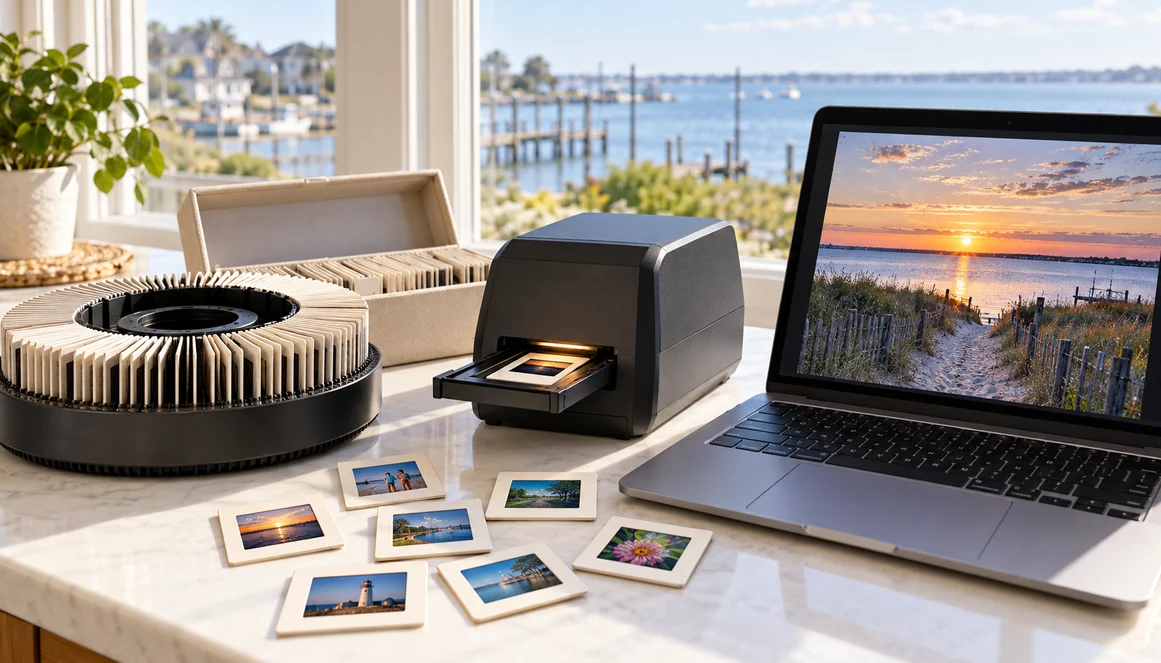Brick Township slide carousel, loose mounted slides, laptop, and slide projector