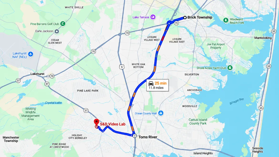 Map showing the route from Brick Township to S&D Video Lab
