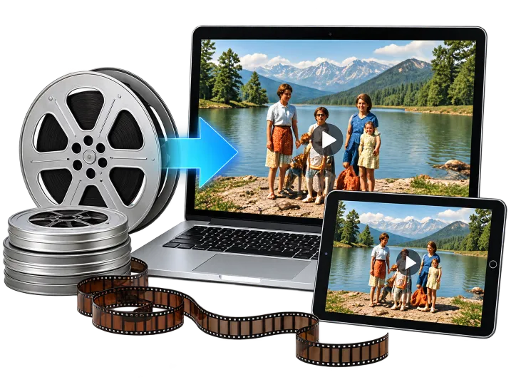 Film reels converted to digital files displayed on a laptop and tablet
