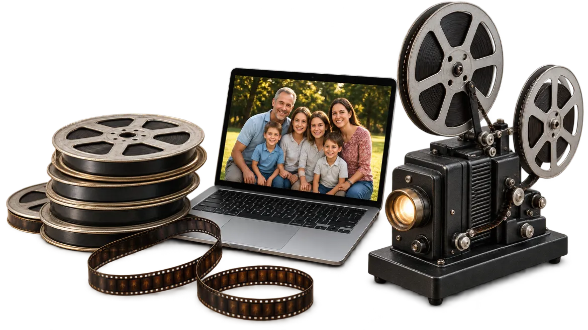 Film reels, projector, and laptop displaying preserved Howell family memories