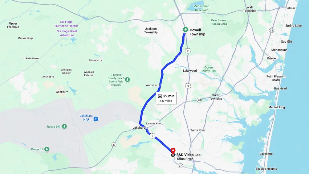 Map showing the route from Howell Township to S&D Video Lab