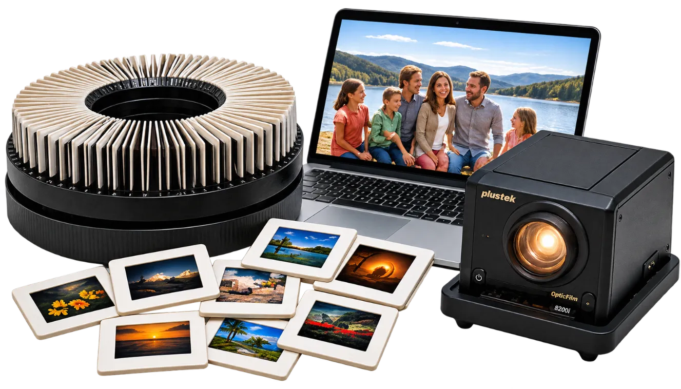Howell slide carousel, loose mounted slides, laptop, and slide scanner