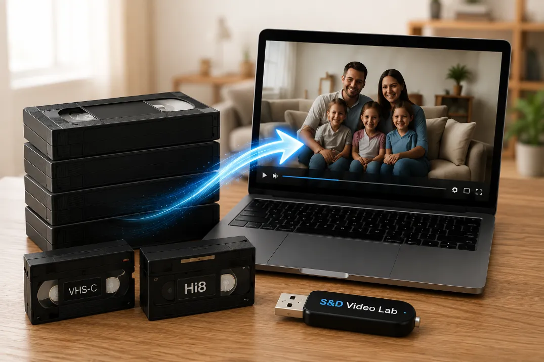 Howell video tapes, laptop with family video, USB drive, and conversion arrow