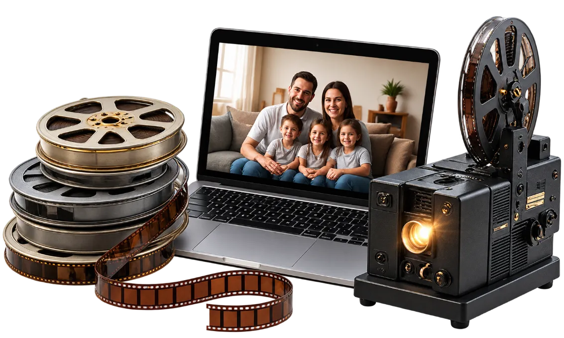 Film reels, projector, and laptop displaying a family film conversion
