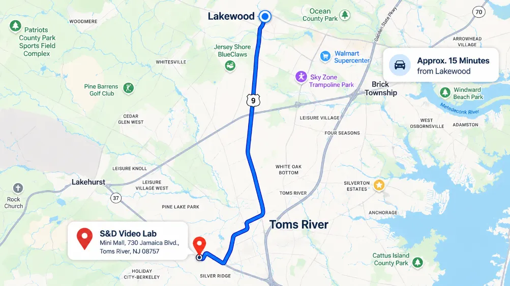 Map showing the route from Lakewood Township to S&D Video Lab