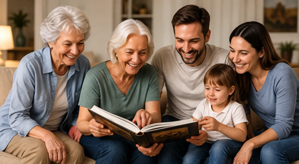 Family looking through treasured photo memories