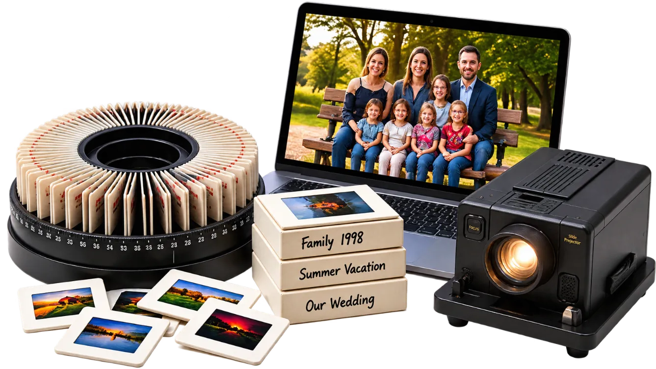Slide carousel, projector, and laptop displaying preserved family slides