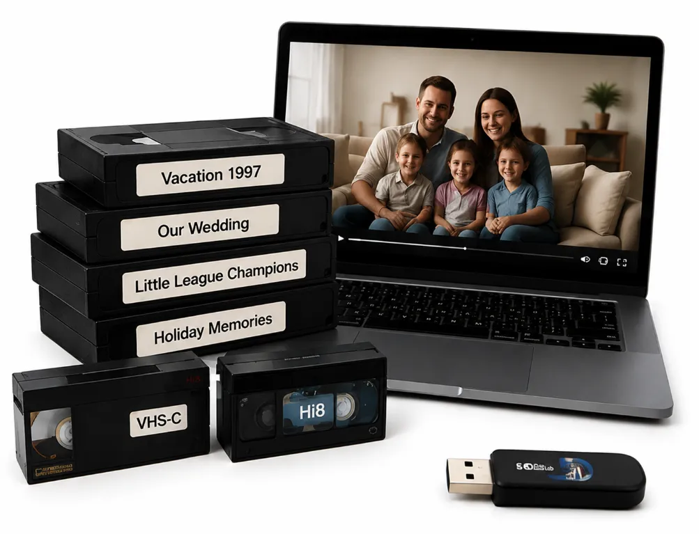 VHS, VHS-C and Hi8 tapes beside a laptop displaying a family video and a USB drive