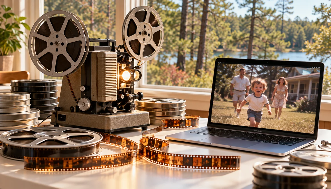 Film reels, projector, and laptop displaying a Manchester Township family film conversion