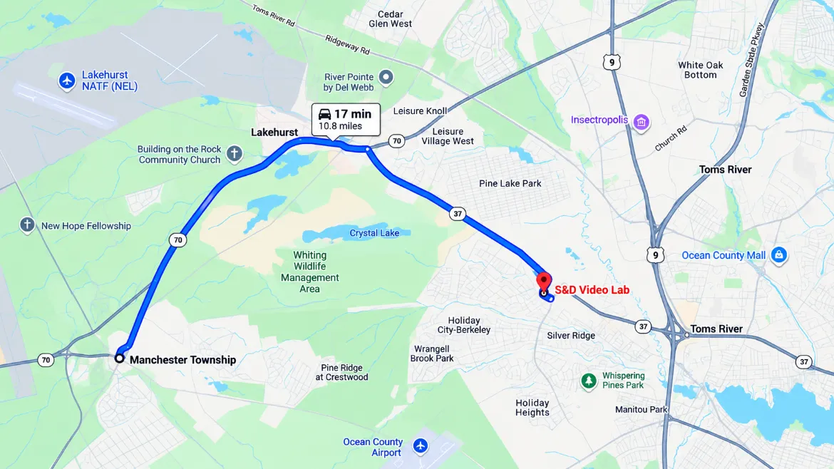 Map showing the route from Manchester Township to S&D Video Lab