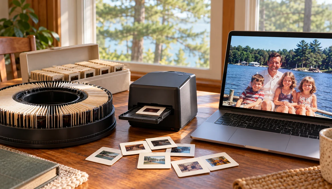 Manchester Township slide carousel, loose mounted slides, laptop, and slide projector