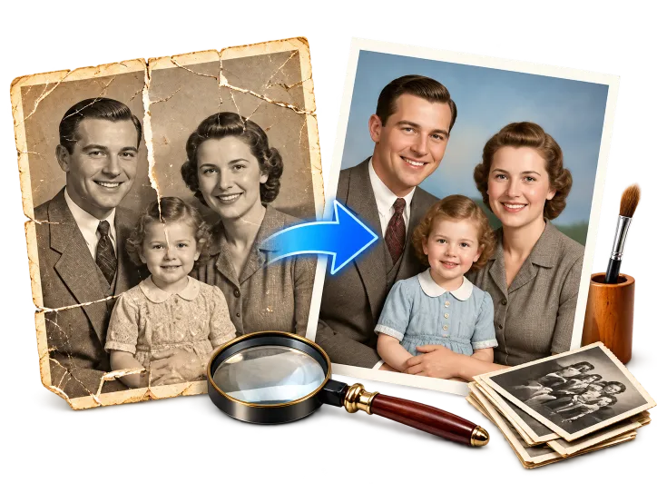 Damaged family photo professionally restored in full color