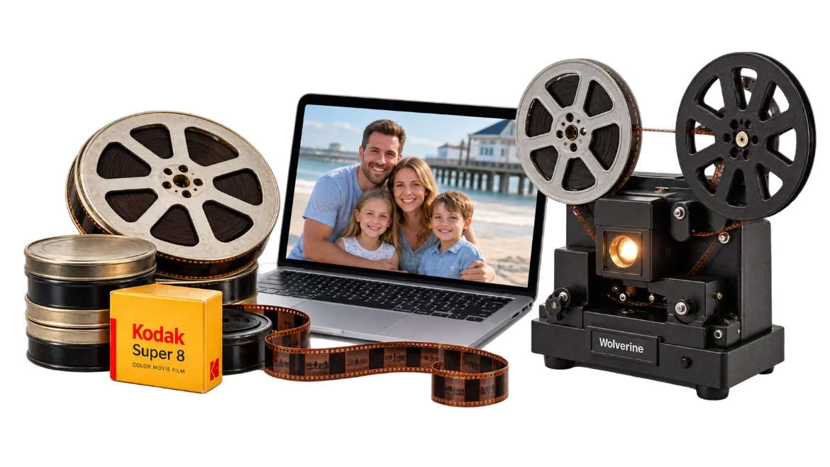 Film reels, projector, and laptop displaying a Point Pleasant family film conversion