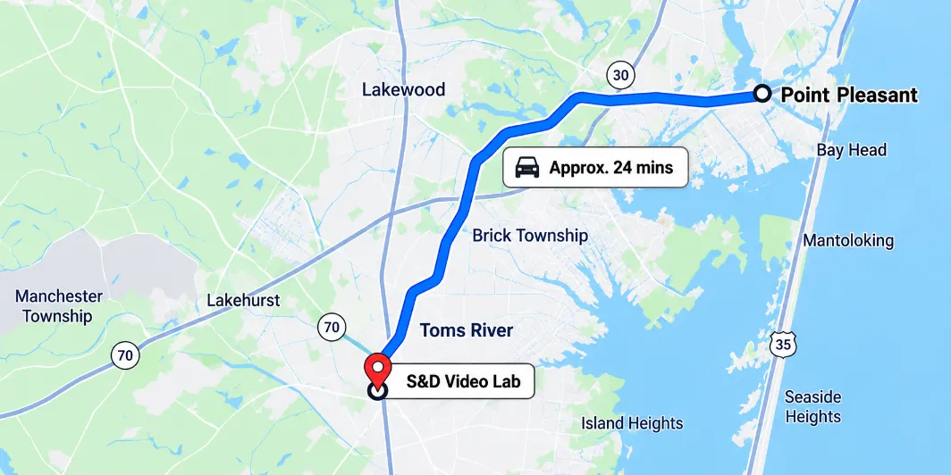 Map showing the route from S&D Video Lab to Point Pleasant, New Jersey
