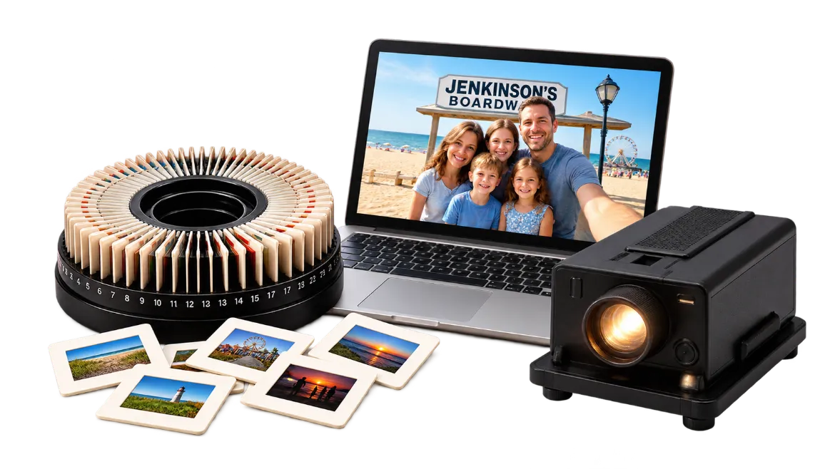 Point Pleasant slide carousel, loose mounted slides, laptop, and slide projector