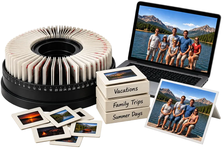 35mm slides converted to digital family images on a laptop