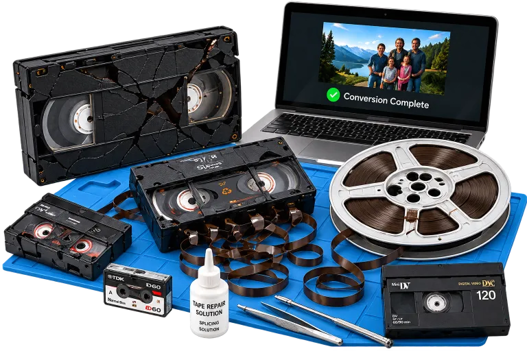 Damaged video and audio tapes with repair tools and digital conversion equipment