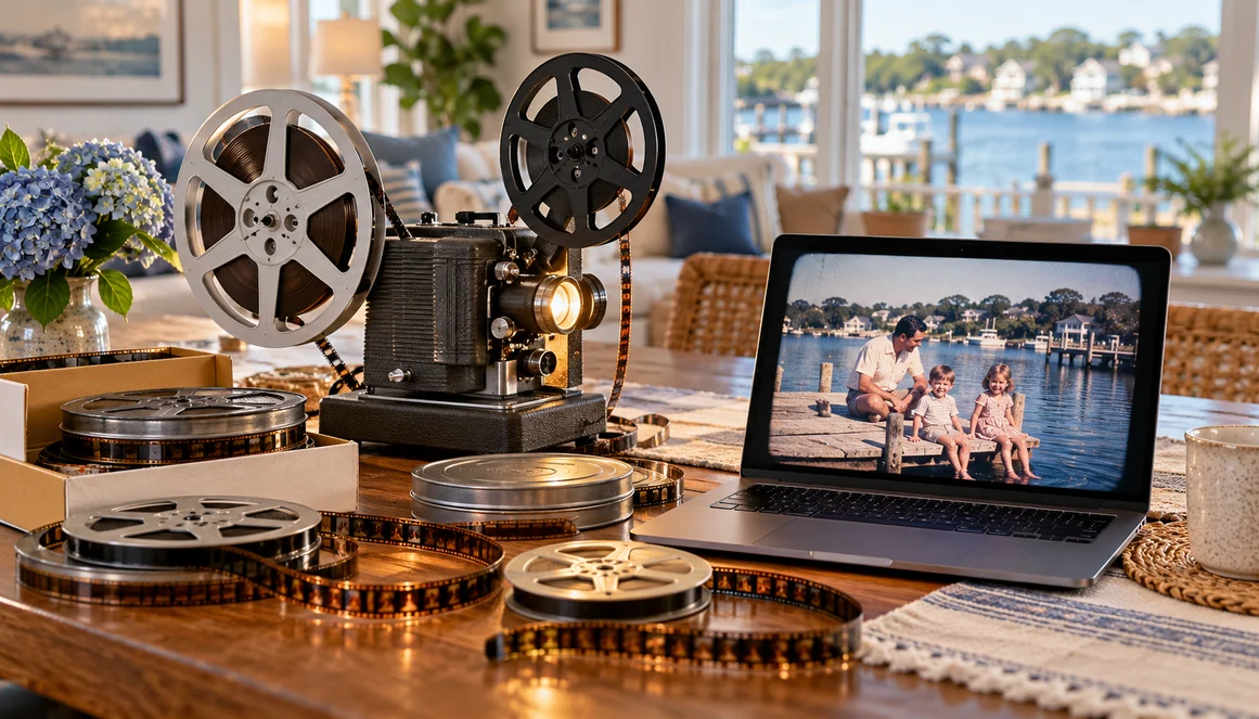 Film reels, projector, and laptop displaying a Toms River family film conversion