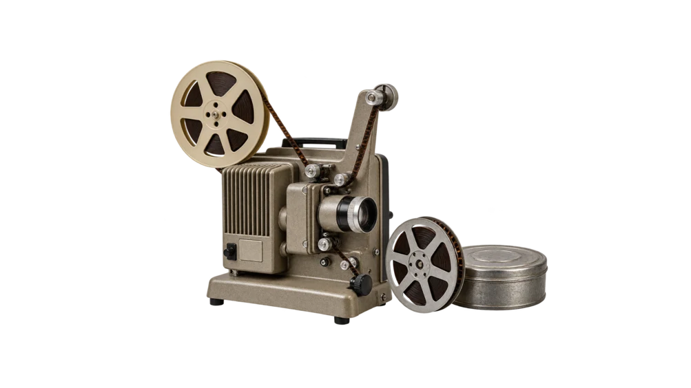 8mm film projector, film reel and archival canister