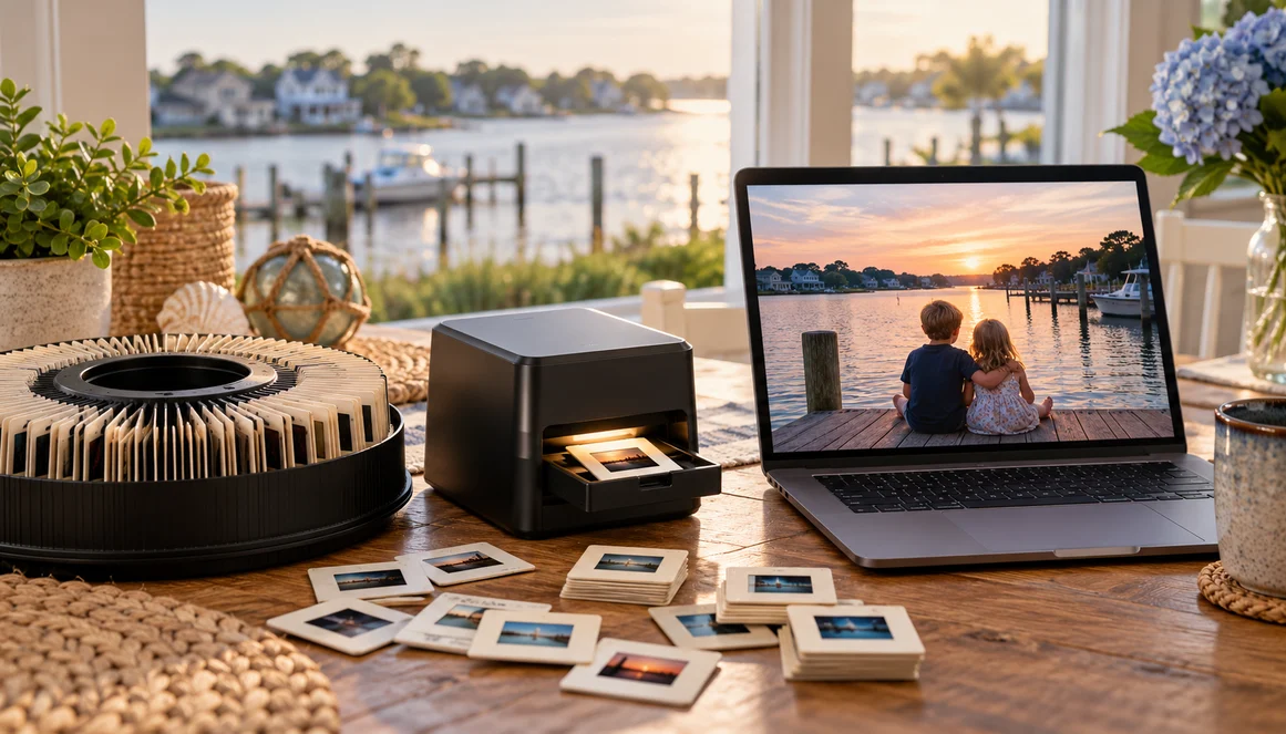 Toms River slide carousel, loose mounted slides, laptop, and slide projector