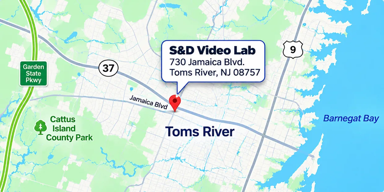 Map showing the route from Toms River to S&D Video Lab